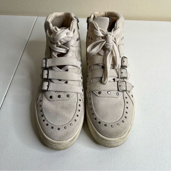 Coach Suede High Top Cream Rivets Buckles Retro Moto Zipper Sneaker Women 8.5 - Picture 3 of 15